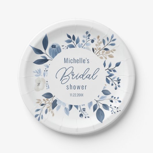 Assiettes En Carton Aquarelle Dusty Blue Floral Boho Fête des mariées (Devant)