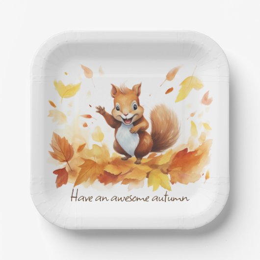 Assiettes En Carton Aquarelle Écureuil d'automne avec Feuilles (Recto)