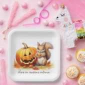 Assiettes En Carton Aquarelle Écureuil d'automne avec Jack-o-lanterne (Fête)