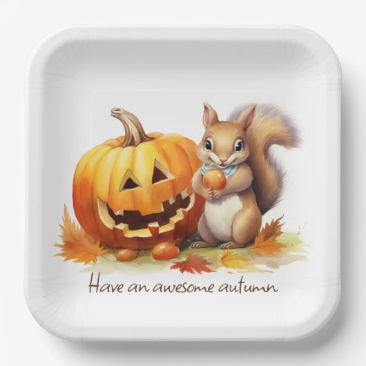 Assiettes En Carton Aquarelle Écureuil d'automne avec Jack-o-lanterne (Recto)