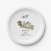 Assiettes En Carton Aquarelle Eglise traditionnelle Monogramme Mariage (Devant)
