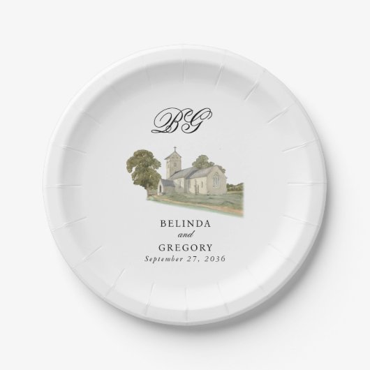 Assiettes En Carton Aquarelle Eglise traditionnelle Monogramme Mariage (Devant)