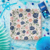 Assiettes En Carton Aquarelle Élégante Fleurs de Corail Navy (Fête)