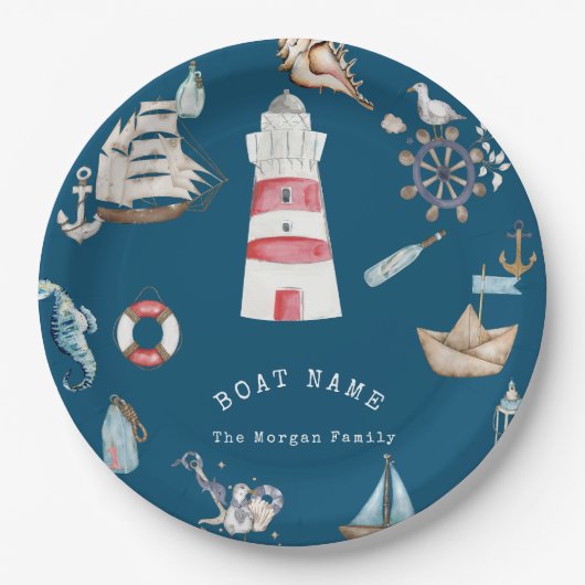 Assiettes En Carton Aquarelle Eléments marins Bleu (Devant)