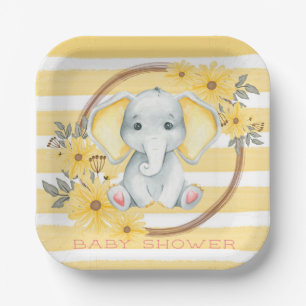 Assiettes En Carton Aquarelle Elephant Avec Baby shower Jaune