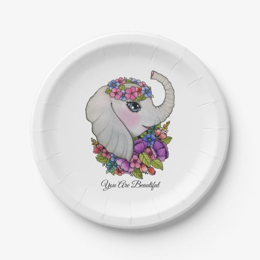 Assiettes En Carton Aquarelle Eléphant Avec Fleurs Sauvages (Devant)