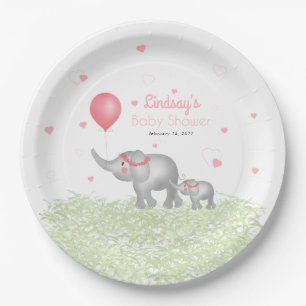 Assiettes En Carton Aquarelle Eléphants & Coeur rose Bébé Douche fille