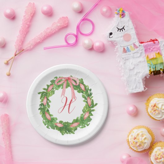 Assiettes En Carton Aquarelle en arc rayé Wreath Monogramme de Noël (Fête)