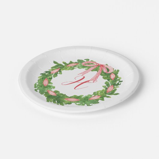 Assiettes En Carton Aquarelle en arc rayé Wreath Monogramme de Noël (Angle)