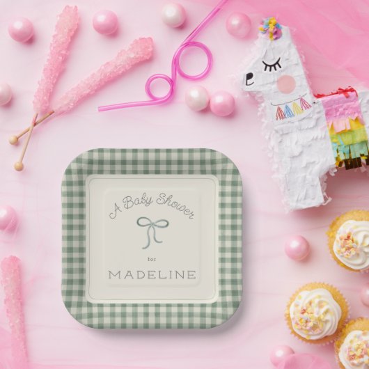 Assiettes En Carton Aquarelle En vichy Antique Sage Baby shower vert (Fête)