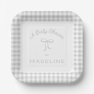 Assiettes En Carton Aquarelle En vichy Baby shower gris