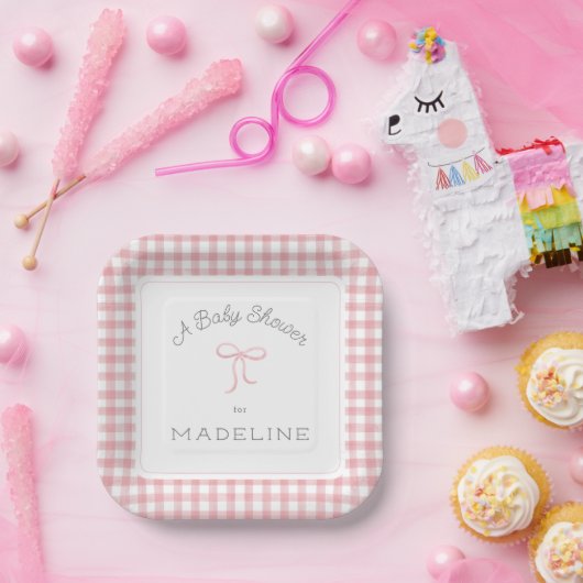 Assiettes En Carton Aquarelle En vichy Baby shower rose (Fête)