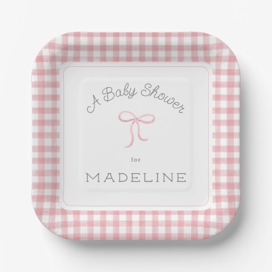 Assiettes En Carton Aquarelle En vichy Baby shower rose (Recto)
