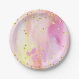 Assiettes En Carton Aquarelle et or Confetti Plaques roses