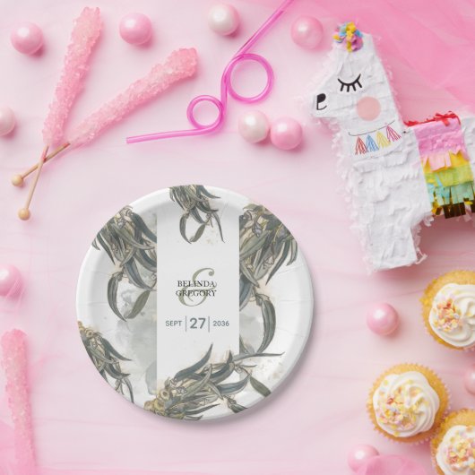 Assiettes En Carton Aquarelle Eucalyptus Feuille Mariage vert (Fête)