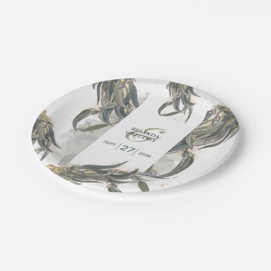 Assiettes En Carton Aquarelle Eucalyptus Feuille Mariage vert (Angle)