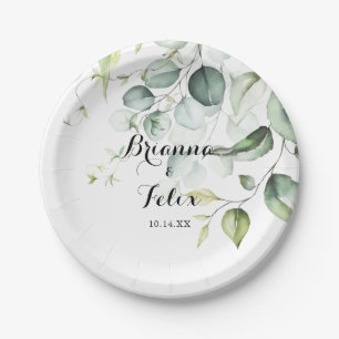 Assiettes En Carton Aquarelle Eucalyptus Gâteau Mariage vert