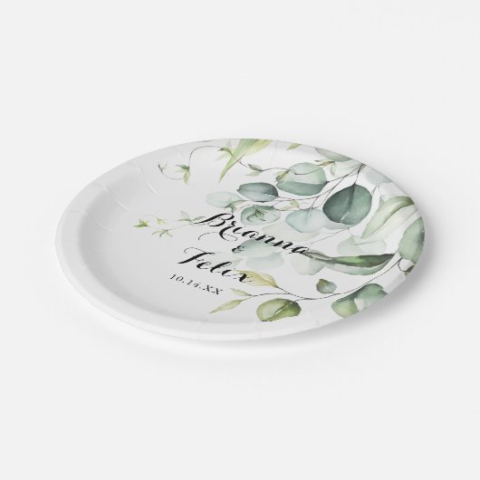 Assiettes En Carton Aquarelle Eucalyptus Gâteau Mariage vert (Angle)