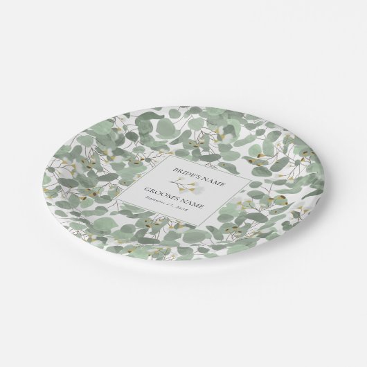 Assiettes En Carton Aquarelle Eucalyptus Mariage de fleurs vertes (Angle)