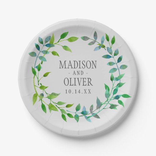 Assiettes En Carton Aquarelle Feuille verte | MARIAGE (Devant)