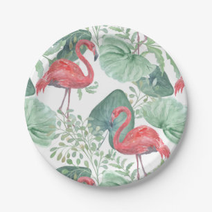 Assiettes En Carton Aquarelle Flamants roses et feuilles.