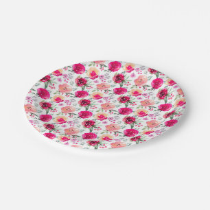 Assiettes En Carton Aquarelle Fleur rose chaud