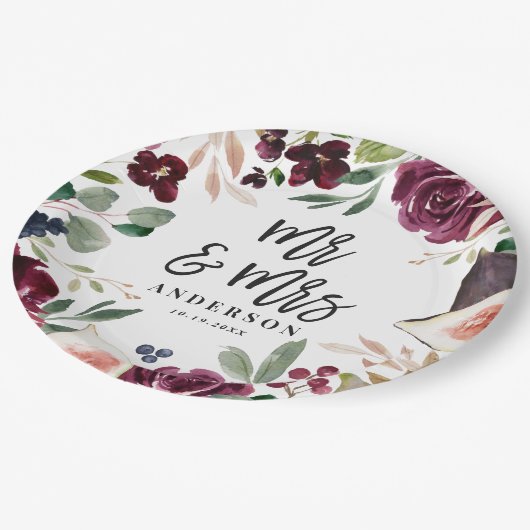 Assiettes En Carton Aquarelle fleurie + script jour de mariage Mr & Mr (Angle)
