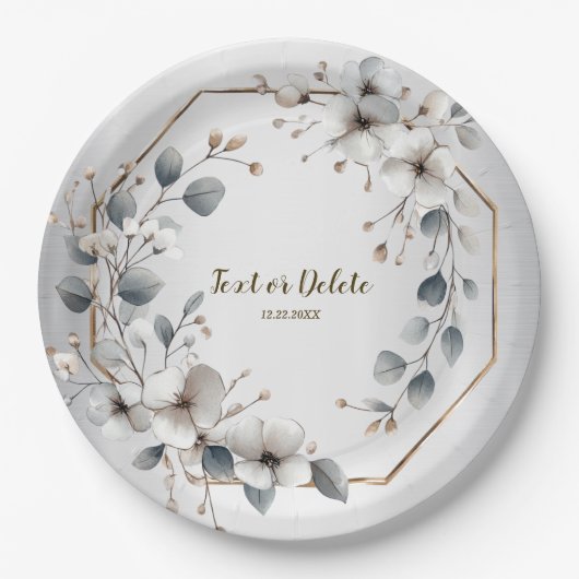 Assiettes En Carton Aquarelle Fleurs blanches Cadre doré Argent Turquo (Devant)