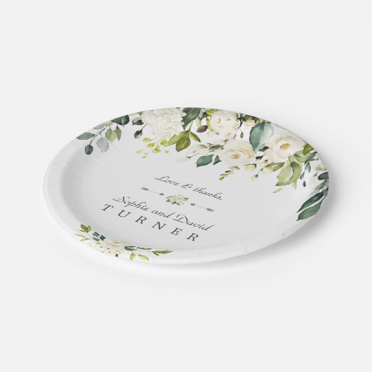 Assiettes En Carton Aquarelle Fleurs blanches Mariage de feuillage ver (Angle)