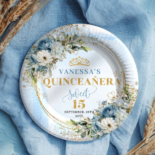 Assiettes En Carton Aquarelle Fleurs Bleues Or Nom Personnalisé Quince