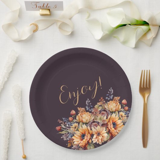 Assiettes En Carton Aquarelle Fleurs d'automne-Puprle-Enjoy- (Mariage)