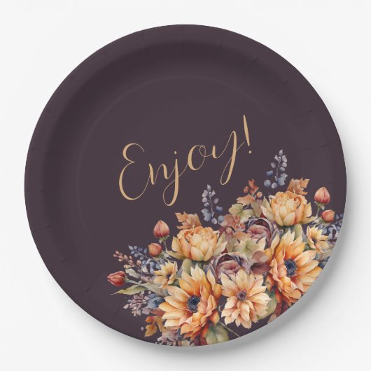 Assiettes En Carton Aquarelle Fleurs d'automne-Puprle-Enjoy- (Devant)