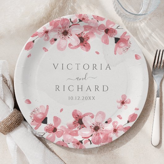 Assiettes En Carton Aquarelle fleurs rose cerisier