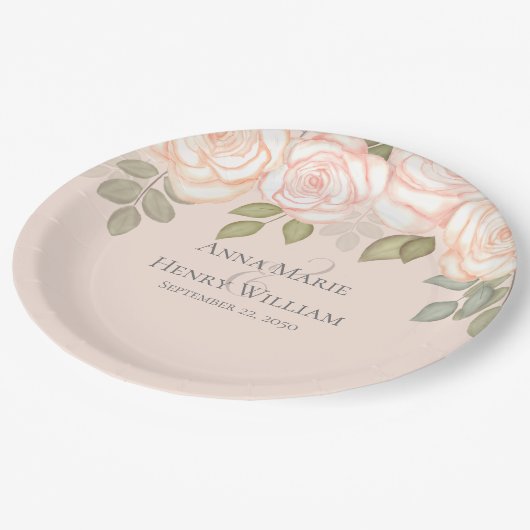 Assiettes En Carton Aquarelle Fleurs rose pâle Fête de mariage (Angle)