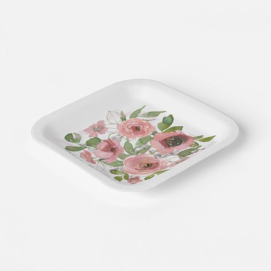 Assiettes En Carton Aquarelle Fleurs roses sur Blanc (Angulaire)