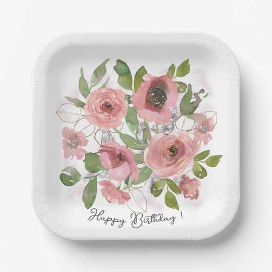 Assiettes En Carton Aquarelle Fleurs roses sur Blanc (Recto)