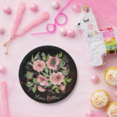 Assiettes En Carton Aquarelle Fleurs roses sur Noir (Fête)