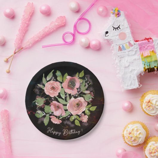 Assiettes En Carton Aquarelle Fleurs roses sur Noir (Fête)