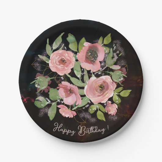 Assiettes En Carton Aquarelle Fleurs roses sur Noir (Devant)