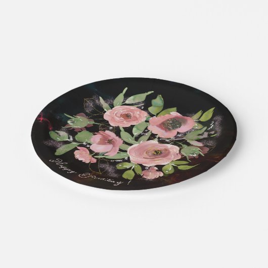 Assiettes En Carton Aquarelle Fleurs roses sur Noir (Angle)