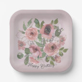 Assiettes En Carton Aquarelle Fleurs roses sur rose (Recto)