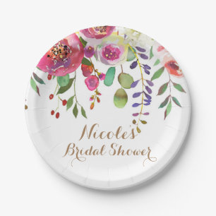 Assiettes En Carton Aquarelle Floral Fleurs Moderne Coloré Mariage