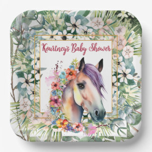 Assiettes En Carton Aquarelle Floral Horse Baby shower