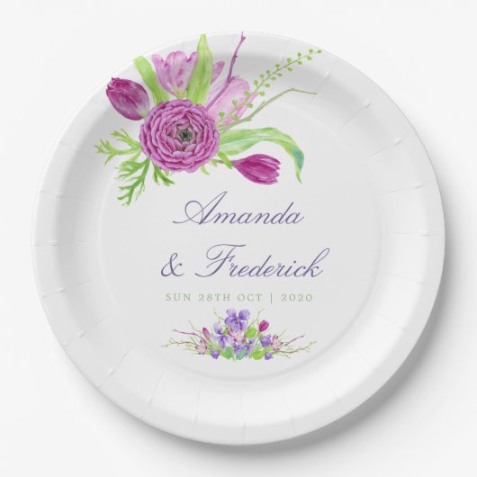 Assiettes En Carton Aquarelle Floral Mariage été (Devant)
