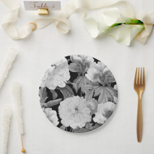 Assiettes En Carton Aquarelle florale Black & White Peonies