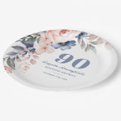 Assiettes En Carton Aquarelle florale Dusty bleu rose 90e anniversaire (Angle)