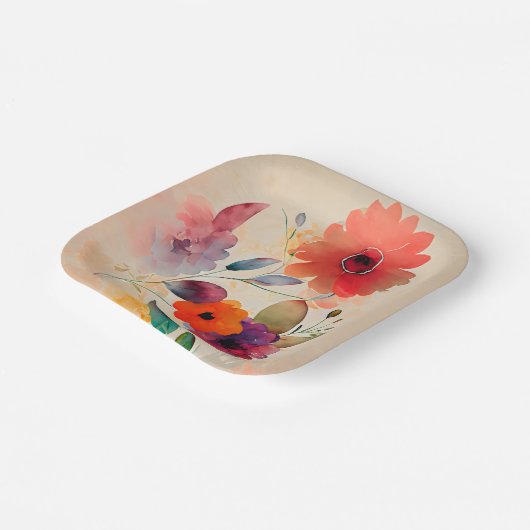 Assiettes En Carton Aquarelle florale Lavande orange Fleurs roses (Angulaire)