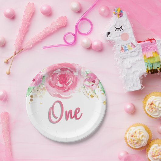 Assiettes En Carton Aquarelle florale pivoines un premier anniversaire (Fête)