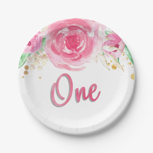 Assiettes En Carton Aquarelle florale pivoines un premier anniversaire (Devant)
