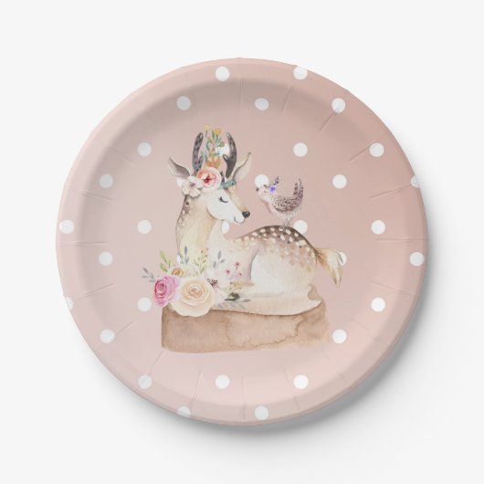 Assiettes En Carton Aquarelle Forêt de bois Cerfs et Baby shower d'ois (Devant)
